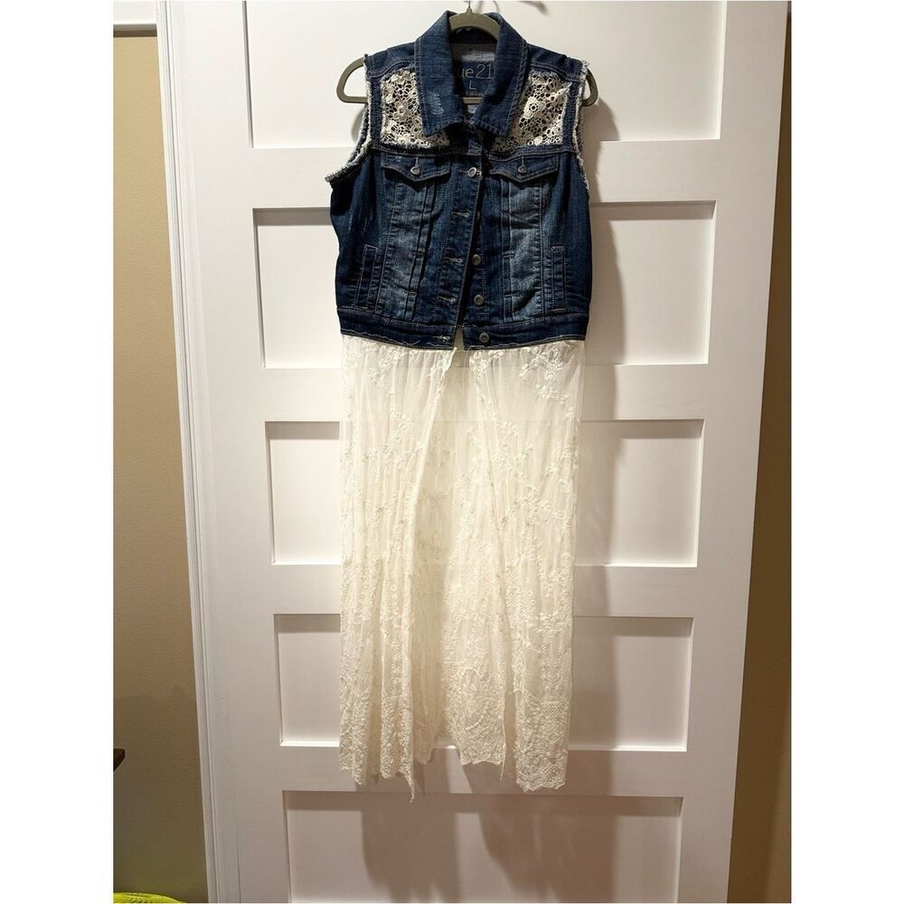 Upcyled Rue21āDenim Boho Vest with Ivory Lace Trim cottagecore cowgirl